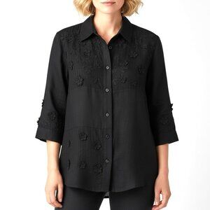 NWT Jordan Black Linen Button-Front Shirt – Beaded Floral Appliqué Size Large